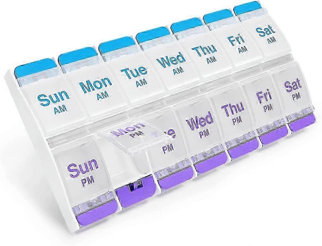 Vitamin Organizer with Push-Button Access for 7-Day Pill Management Taken Twice Daily Large Capacity Arthritis Compliant and Clear Lid Design