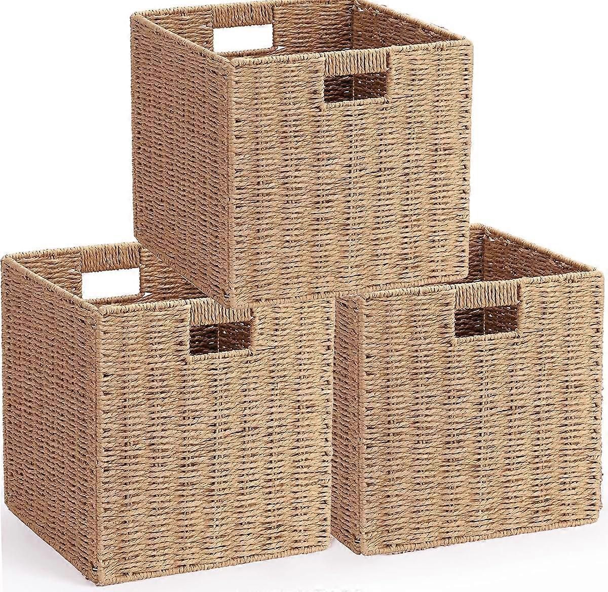 3 Sets Woven Paper Rope Handmade Open Foldable Baskets for Bedroom Cubby Cubes
