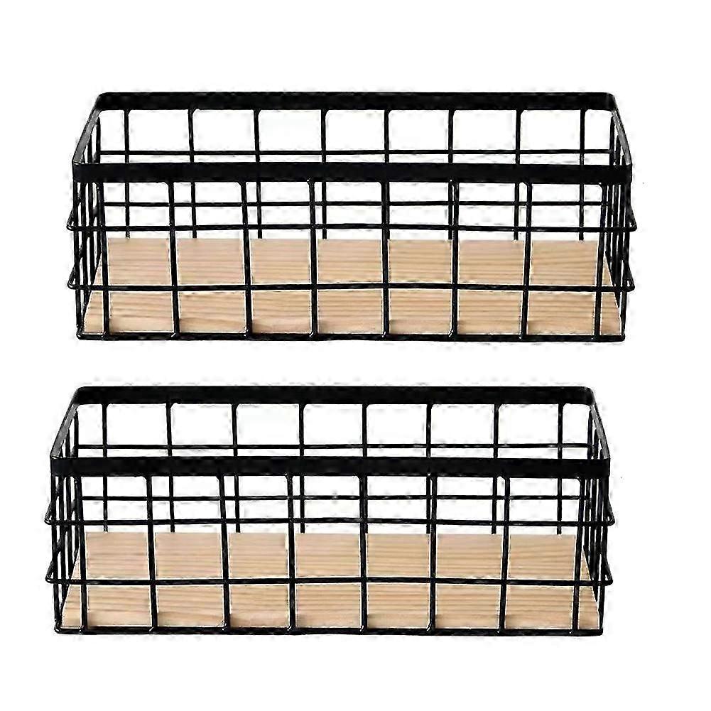2-Pack Metal Wire Storage Baskets with Wood Base for Home Organization