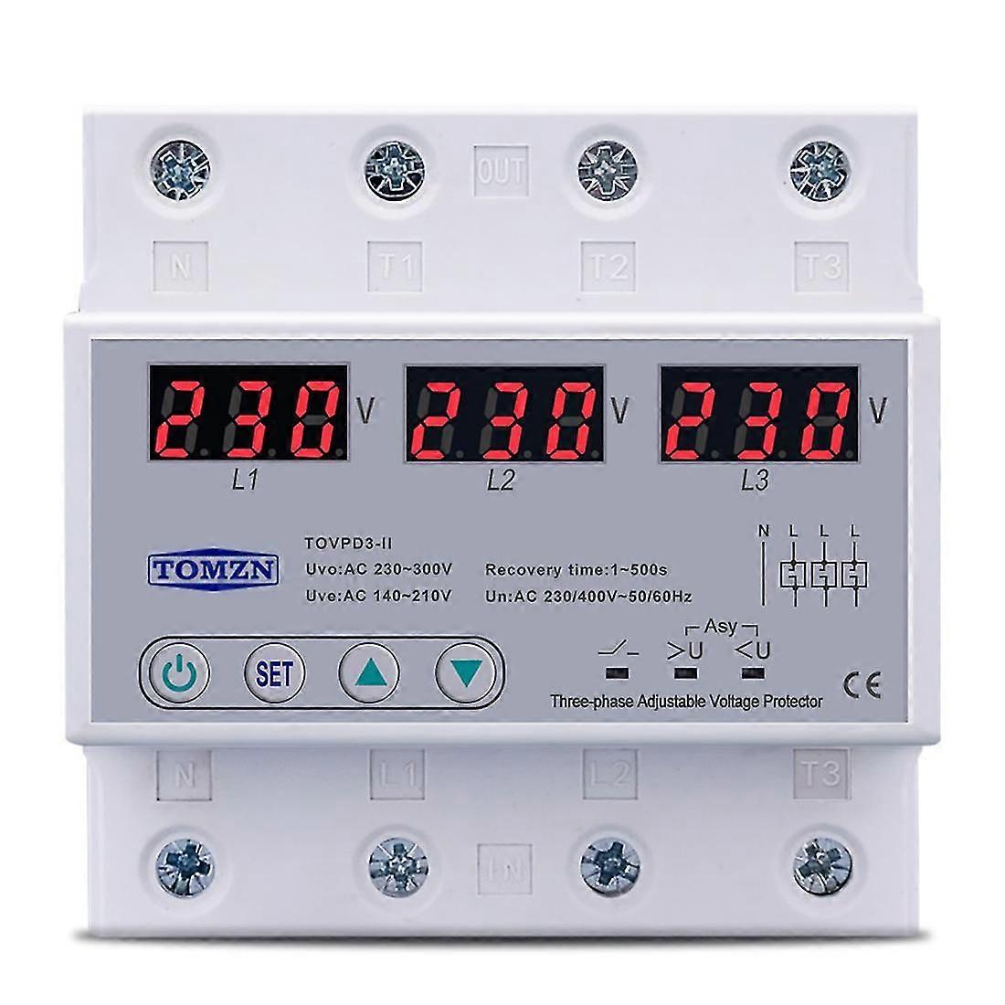 Three Phase Adjustable Over and Under Voltage Protector Automatic Recovery Protective Device Reset 63A 380V