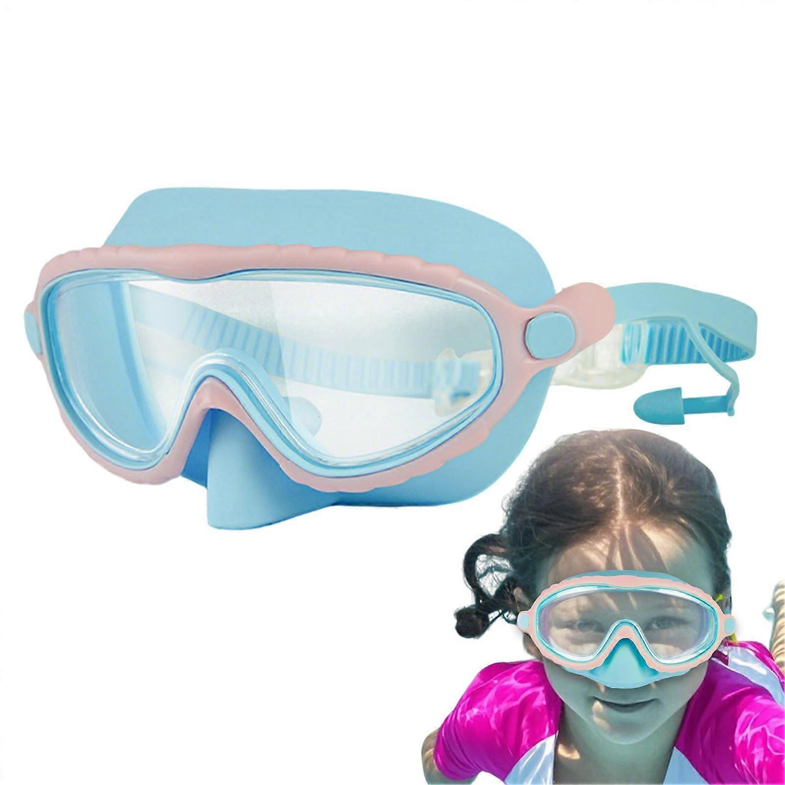 Kids Swim Goggles With Nose Guard, Anti-Fog, Adjustable Comfort Seal, Youth Size, Face Coverage, Outdoor Summer Camp, Pink And Blue