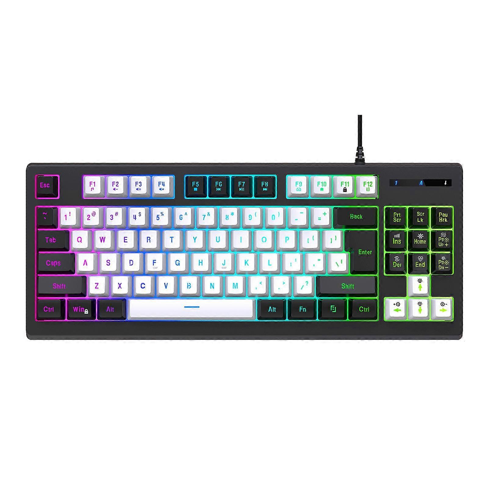 Wired Gamer Computer Keyboard 87 Keys Black and White Ergonomic RGB Lighting for