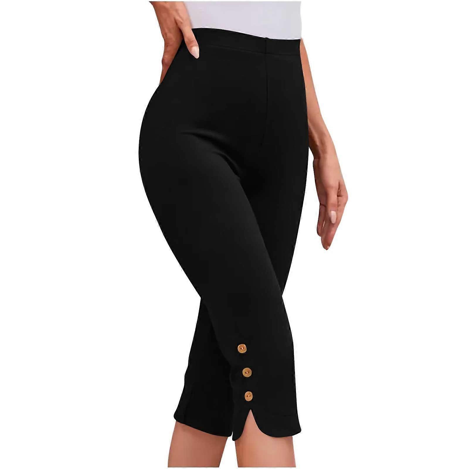 Women's Fashion Solid Color Casual Bottom Pants Button Sport Slim Seven Quarter Pants