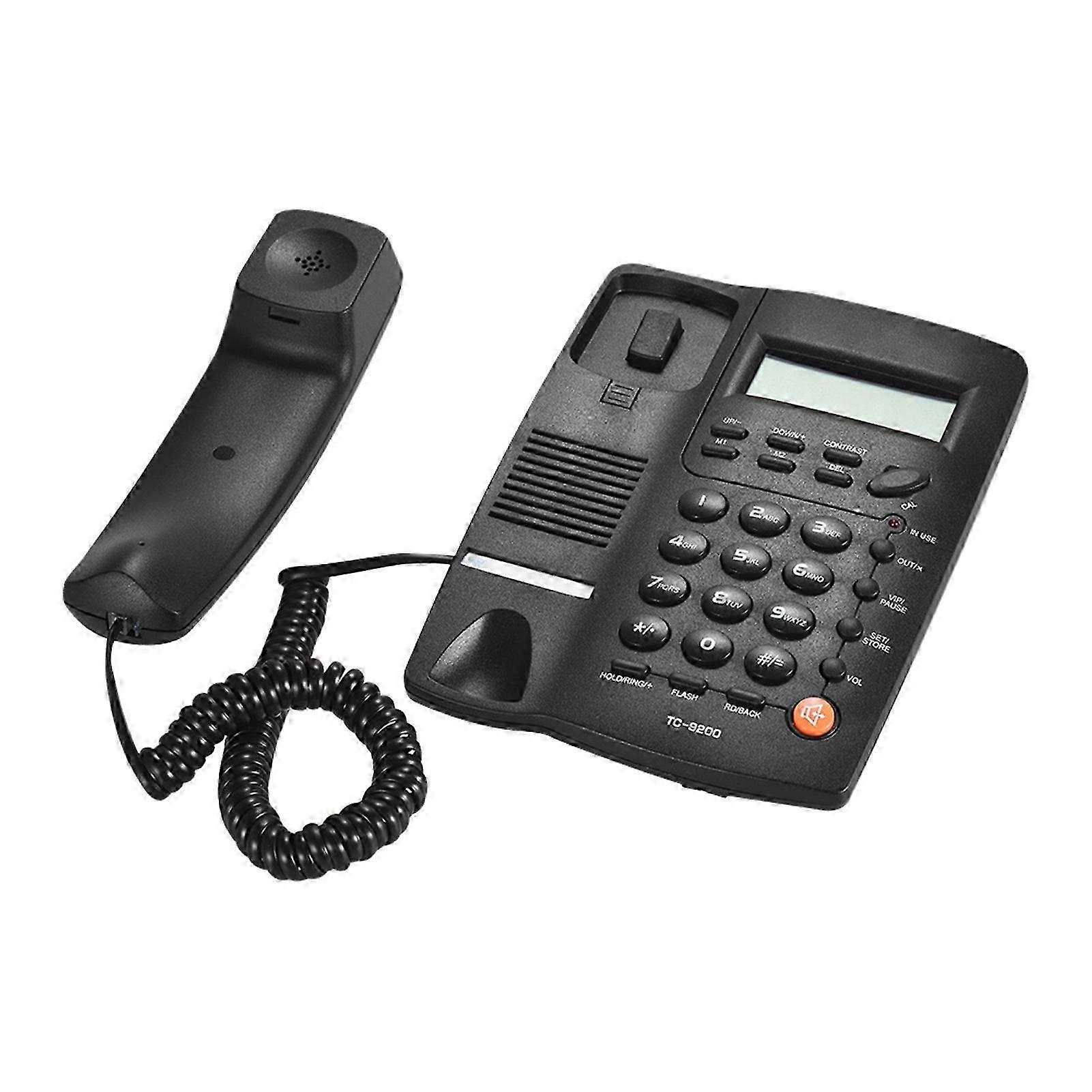 Stacjonarny telefon przewodowy z wyświetlaczem LCD z identyfikatorem dzwoniącego, regulacją głośności, kalkulatorem i budzikiem