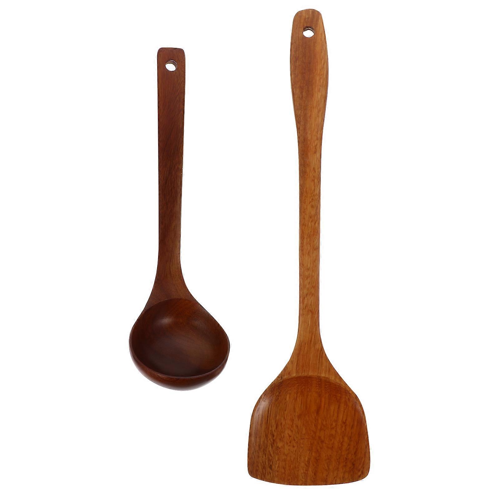 1 Set 2pcs Wooden Non Stick Spoon Ladle and Spatula Kitchen Cooking Tools