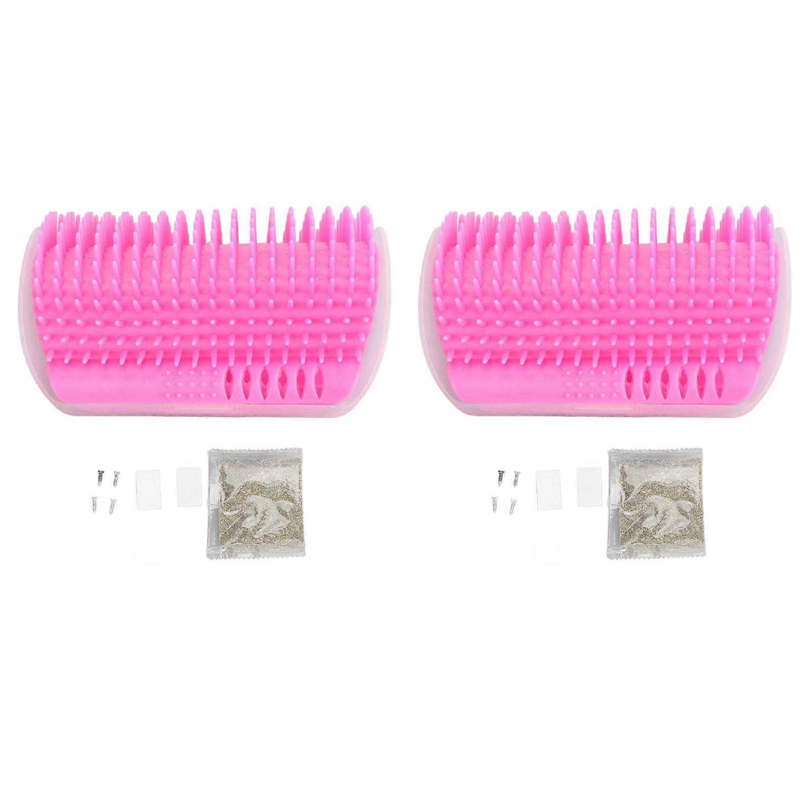 2PCS Self Grooming Cat Brush Interactive Toy Soft Cat Wall Corner Scratcher Massage Combs with Catnip Pink