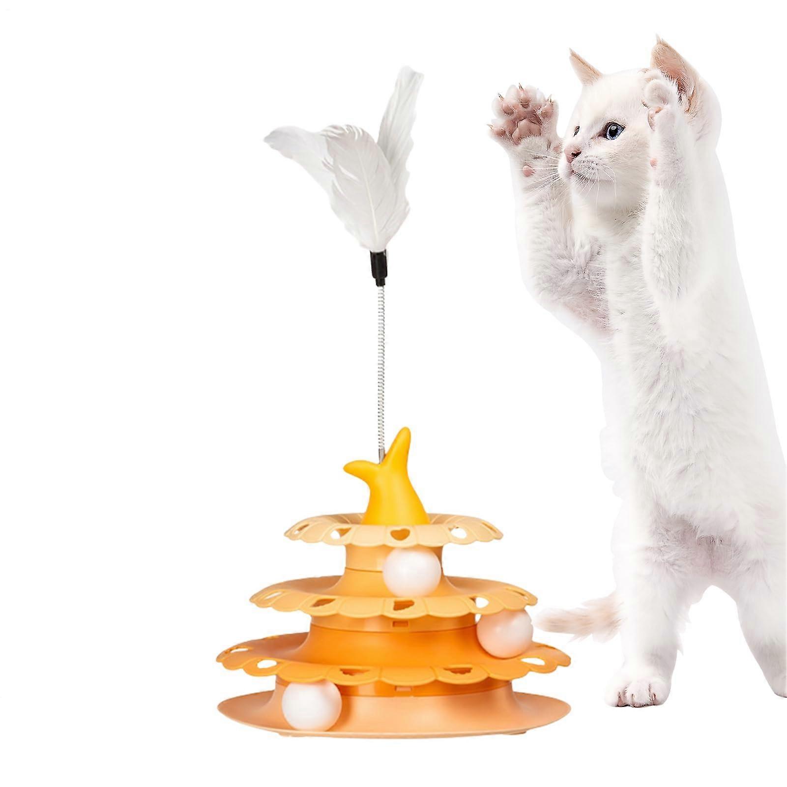 Cat Teaser Ball Tower Track with Interactive Stick for Indoor Kitten Hunting Training Yellow