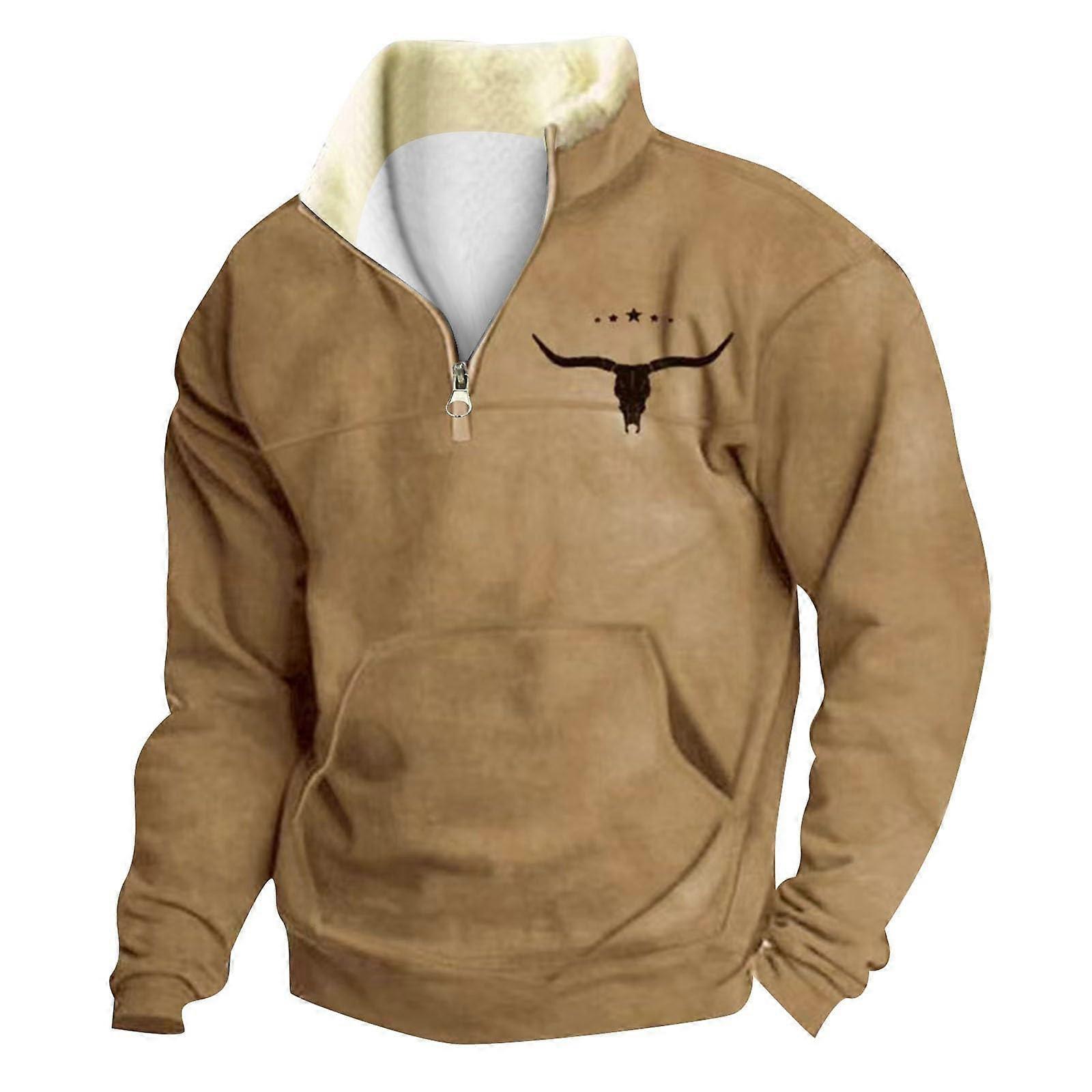 Pullover Men's Kent Collar 1/4 Zip Fleece Sweatshirt Regular Fit Casual Jumper with Pockets Khaki Size S