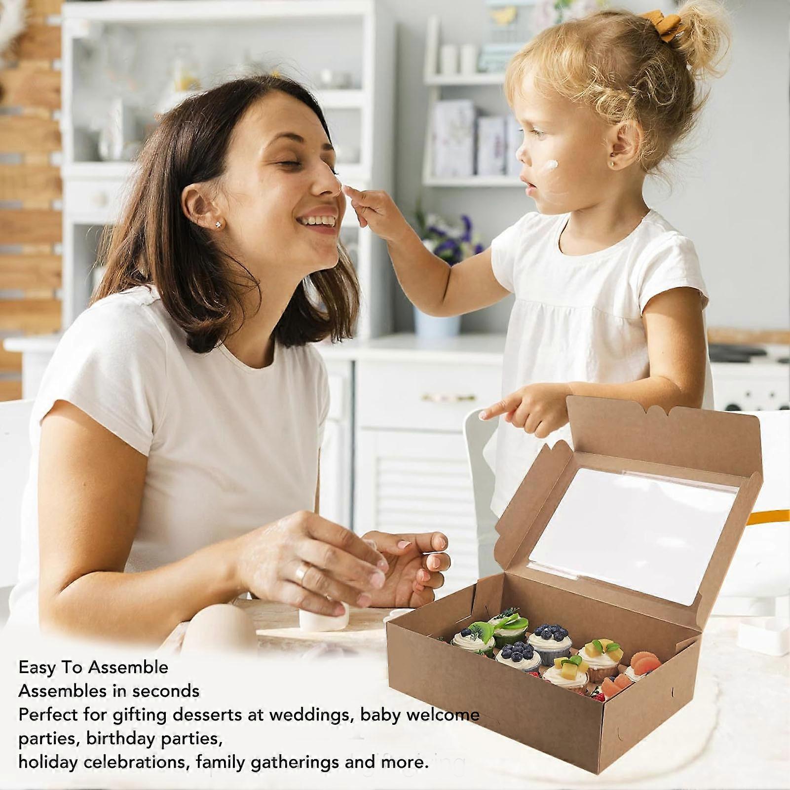 6PCS Set Cupcake Container 12 Holes Cardbord Bakery Pastry Carrier Box with Transparent Window Kraft Paper