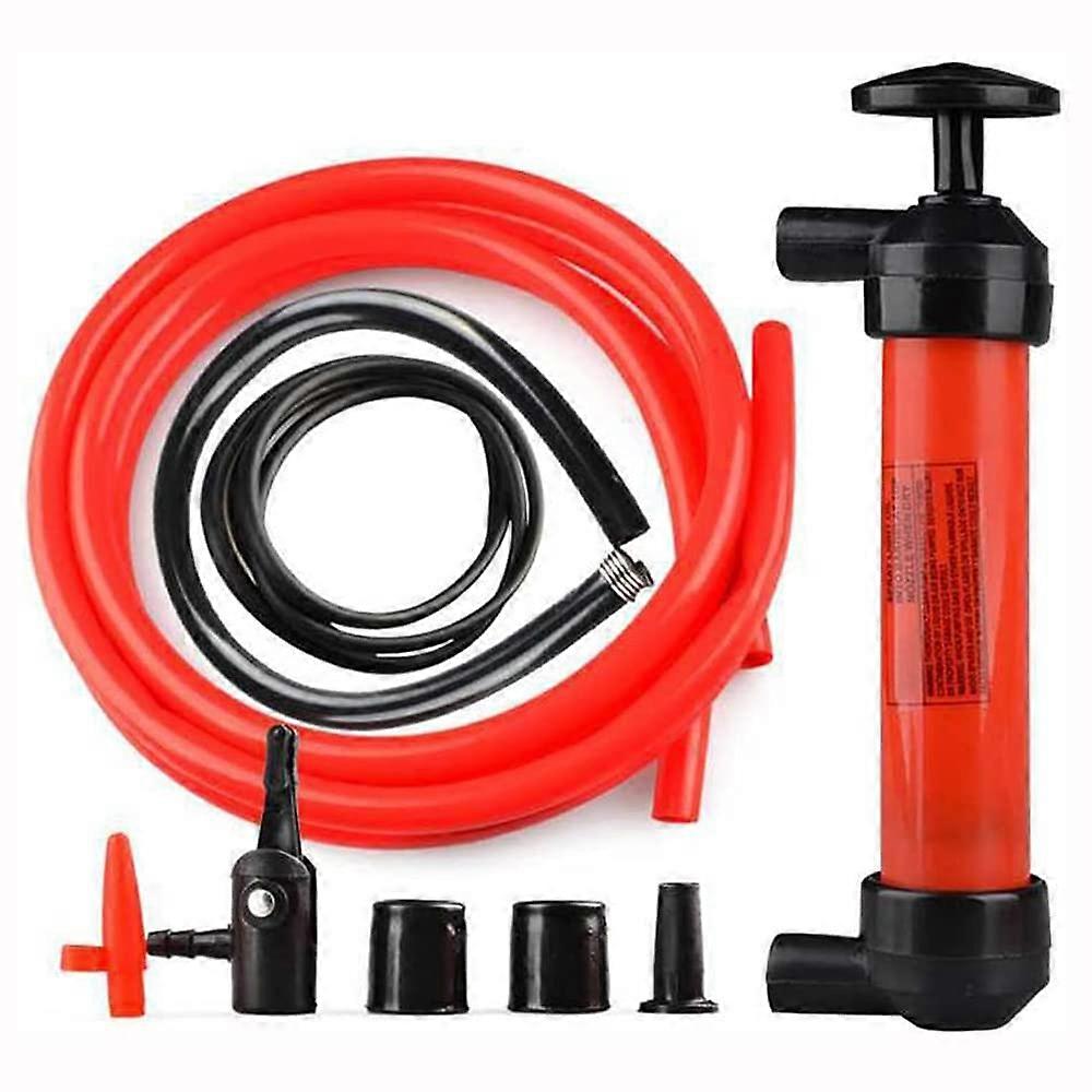 Portable Oil Pump Siphon with 3 Hoses, Air Pump Attachments, Red