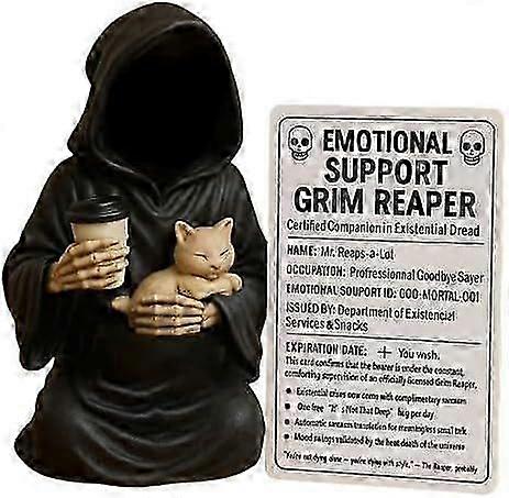 Emotional Support Grim Reaper, Hand-Painted Resin Gothic Grim Reaper Statue Holding Coffee & Cat with Emotional Support Card
