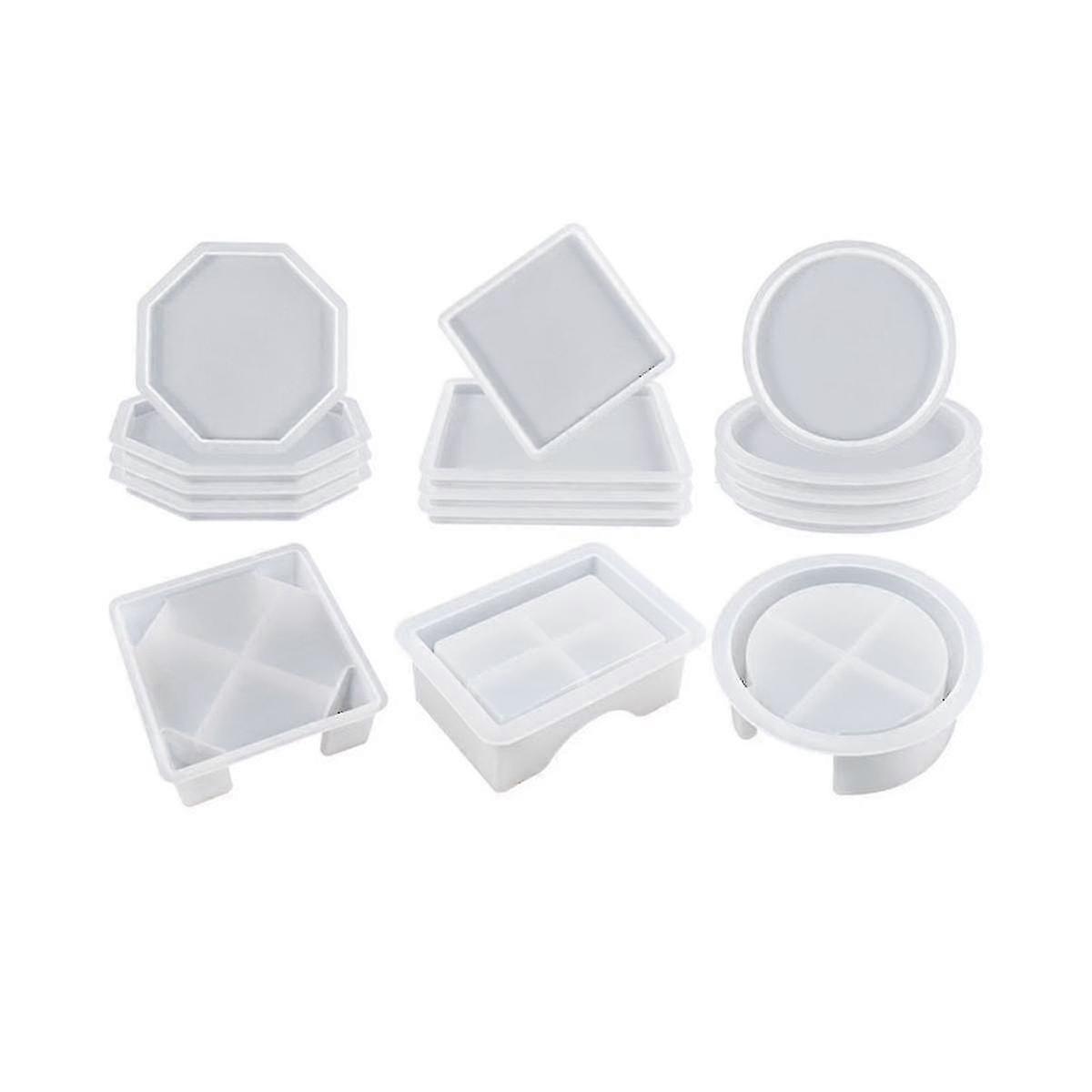 15-Piece Silicone Mold Set for DIY Coasters with Round, Square, and Octagon Shapes - White Crafting Kit
