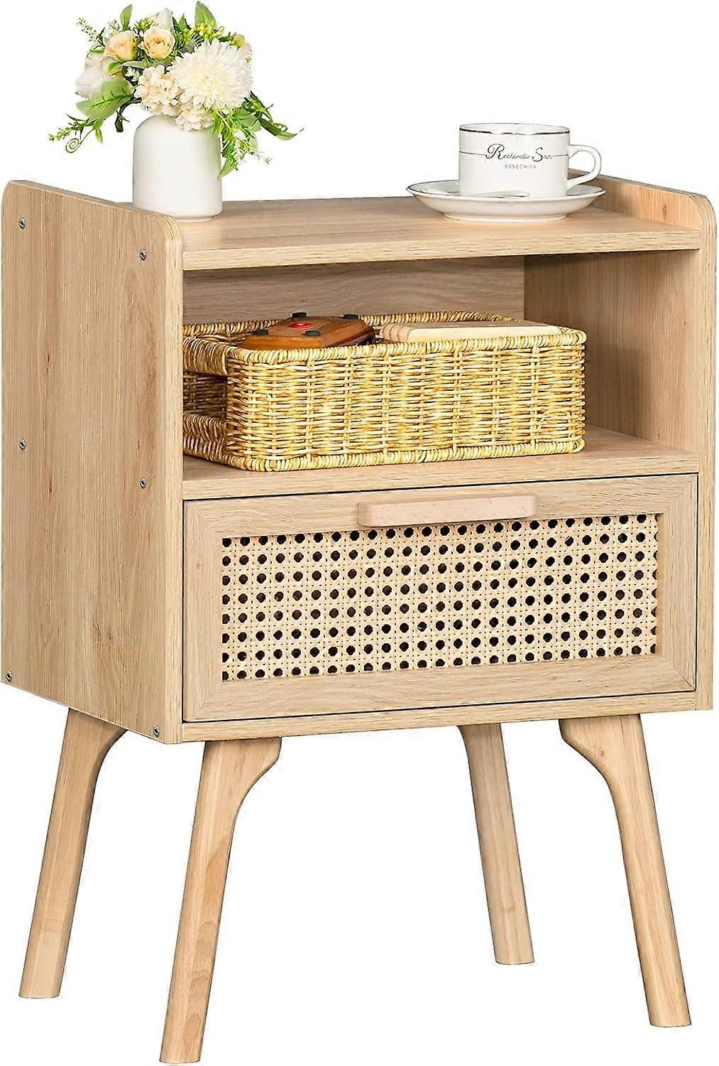 Rattan Nightstand Boho Side Table with Drawer Open Shelf Cane Accent Solid Wood Legs for Bedroom Dorm Small Spaces Natural