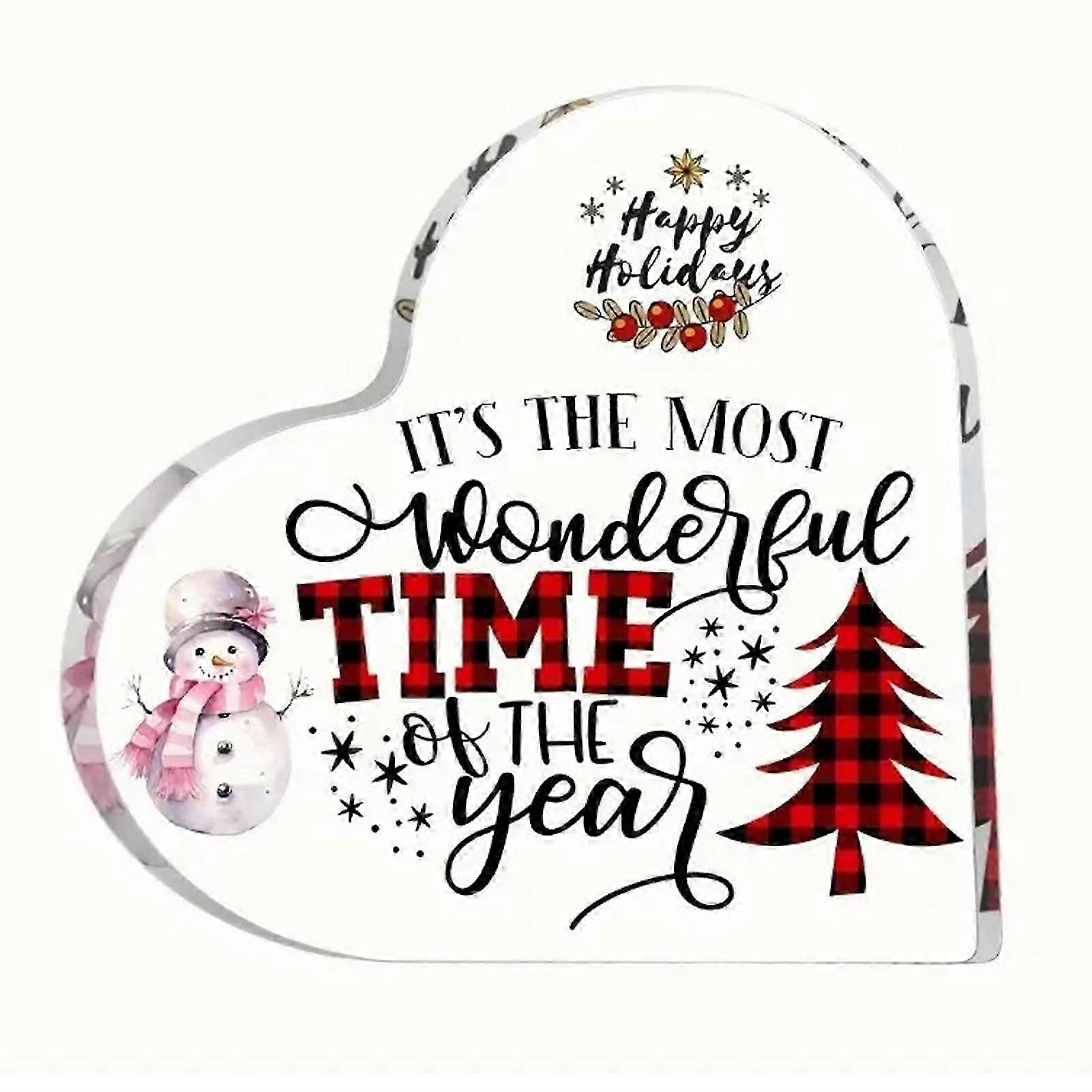 Christmas Decoration Indoor Heart Shaped Ornament Clear Acrylic Decoration with Cartoon Xmas Patterns Holiday Home Tabletop Decor for Mantel Desk