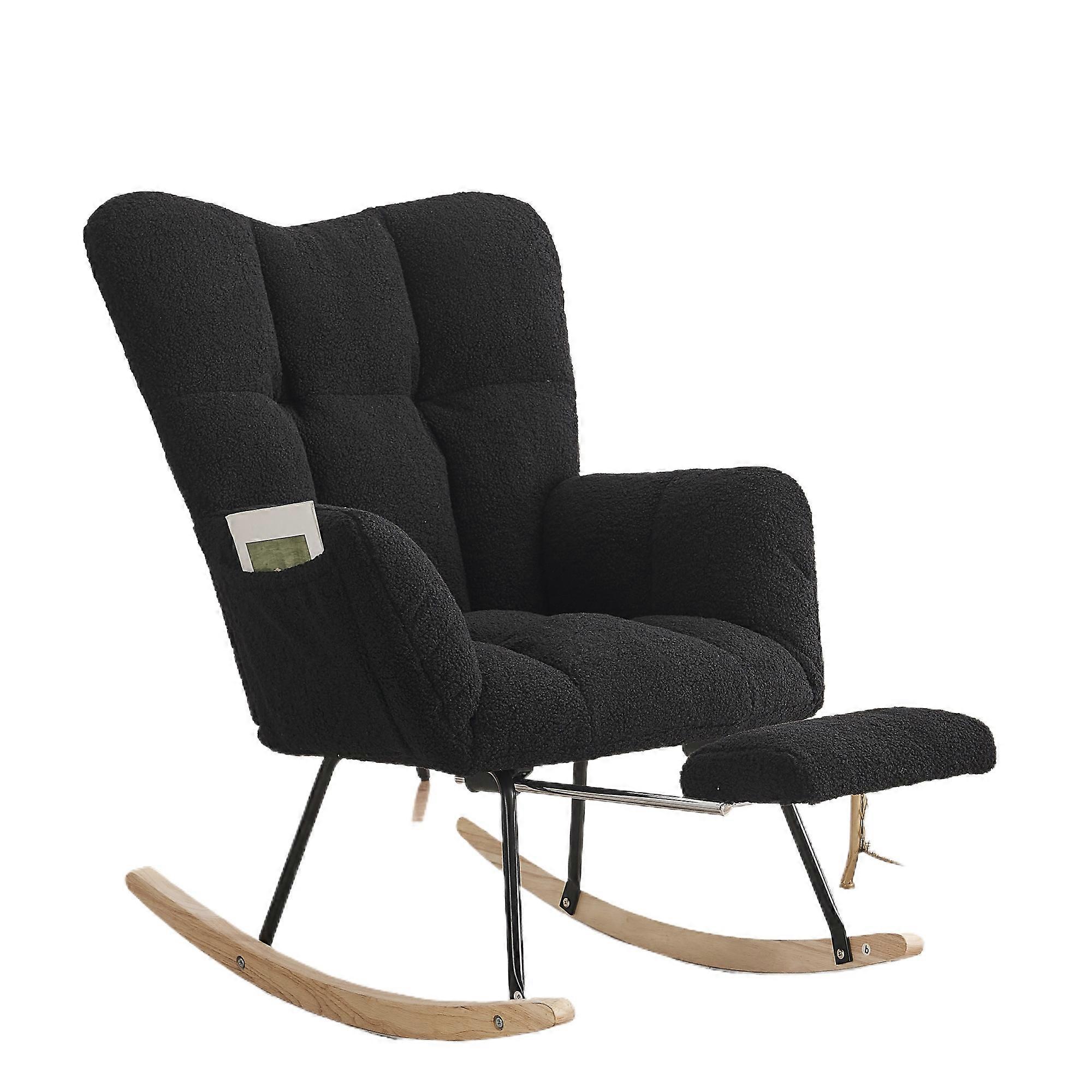 Modern Rocking Chair Teddy Fabric Upholstery Extendable Footrest Black