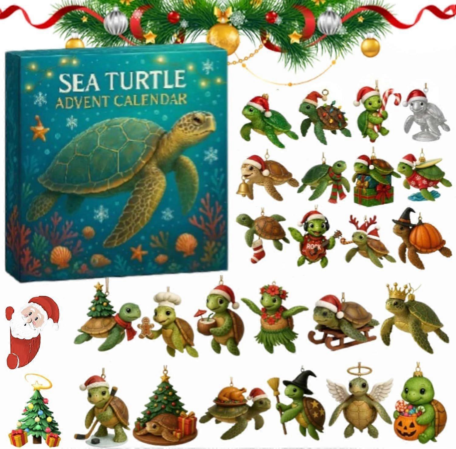 Sea Turtle Advent Calendar 2025, 24 Days Christmas Countdown Calendar with 24 Sea Turtle Ornaments, Cute 2D Acrylic Sea Turtle Christmas Tree Decorati