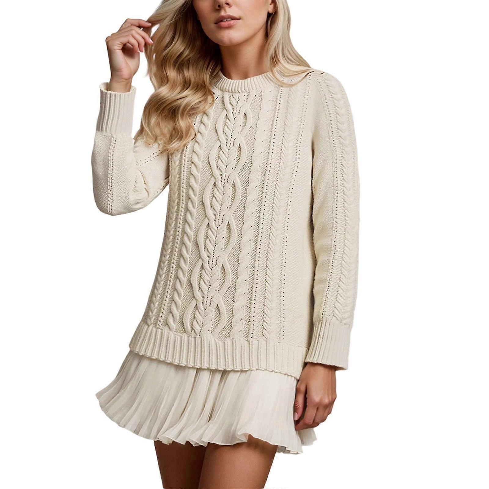 Winter Fall Solid Color Cable Knit Dress for Women Long Sleeve Crew Neck  Chiffon Splicing A Line Short Sweater Dresses White S