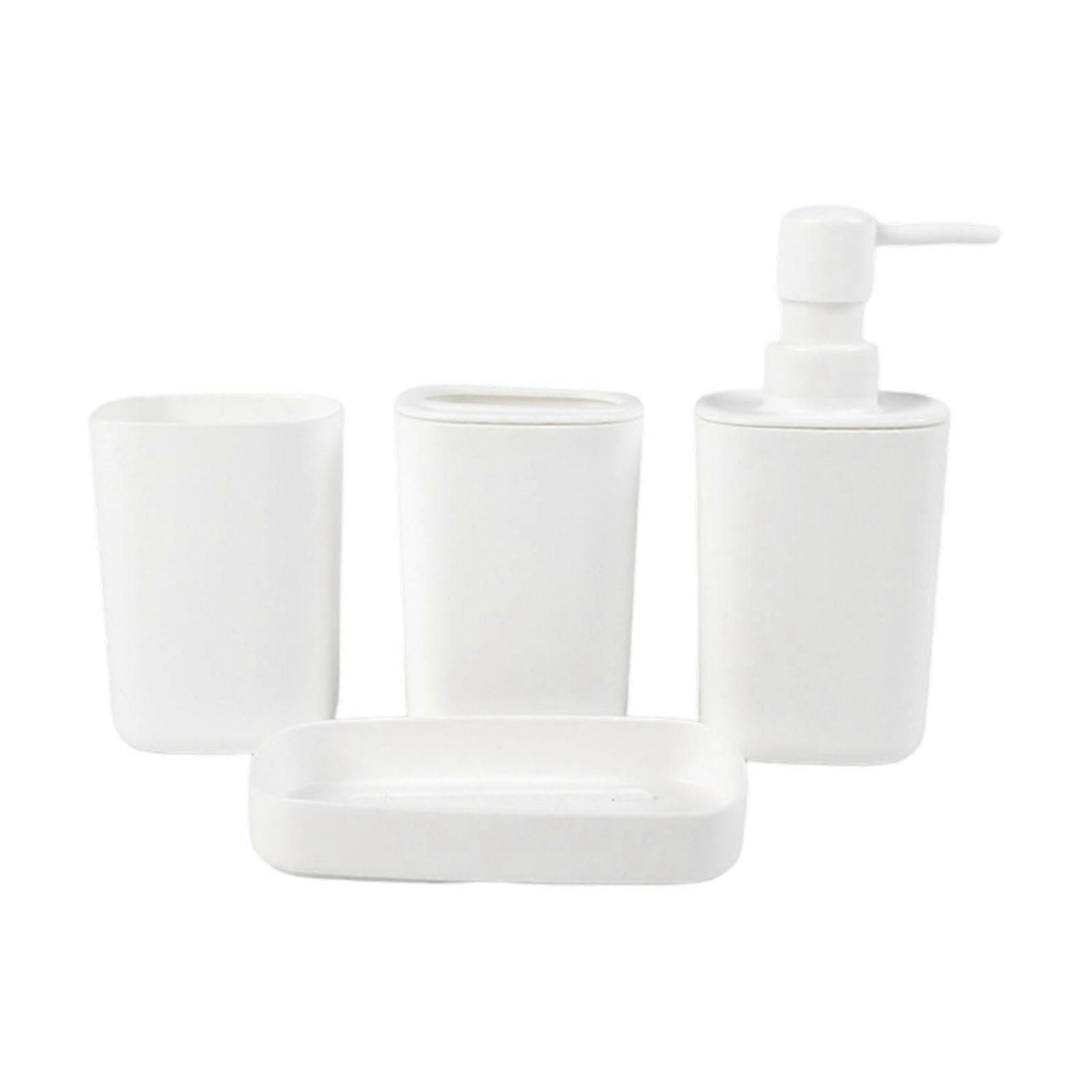 4pc Bathroom Press Type Lotion Dispenser Toothbrush Rack Square Cup Space Saving Solution  White