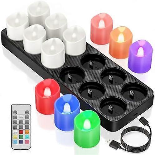 Rechargeable Coloured Tea Lights with Station, 12pcs Battery LED Flickering Flameless Tealight Candles with Remote Timer for Room Halloween Pumpkin Ch