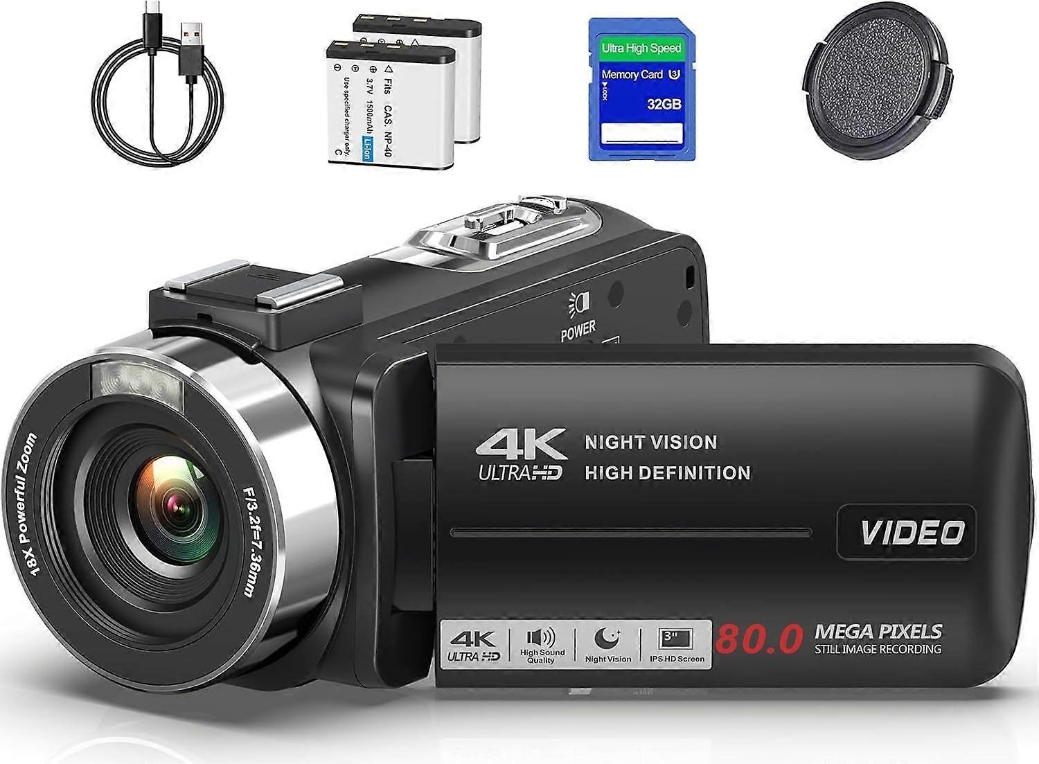 4K Video Camera Camcorder Ultra HD 80MP Vlogging Camera for YouTube 18X Digital Zoom 3.0" IPS 270 Screen