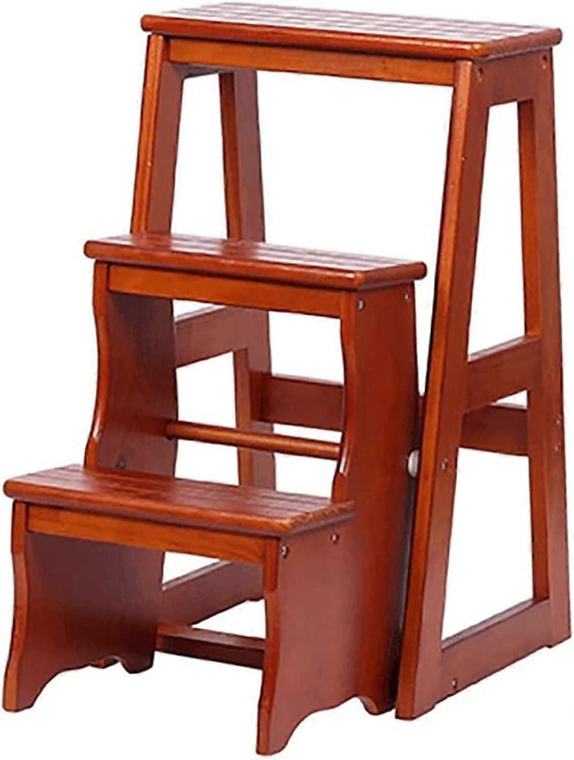 Wooden Folding Ladder Chair 2 in 1 Pine Wood 3Step Step Stool for Kitchen Library (Color B)