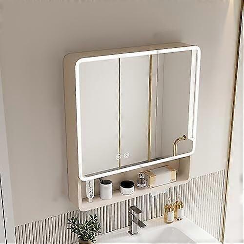 Bathroom Mirror Cabinet with LED Lights, AntiFog Technology, Wall Mounted Storage Shelf, Beige 60cm