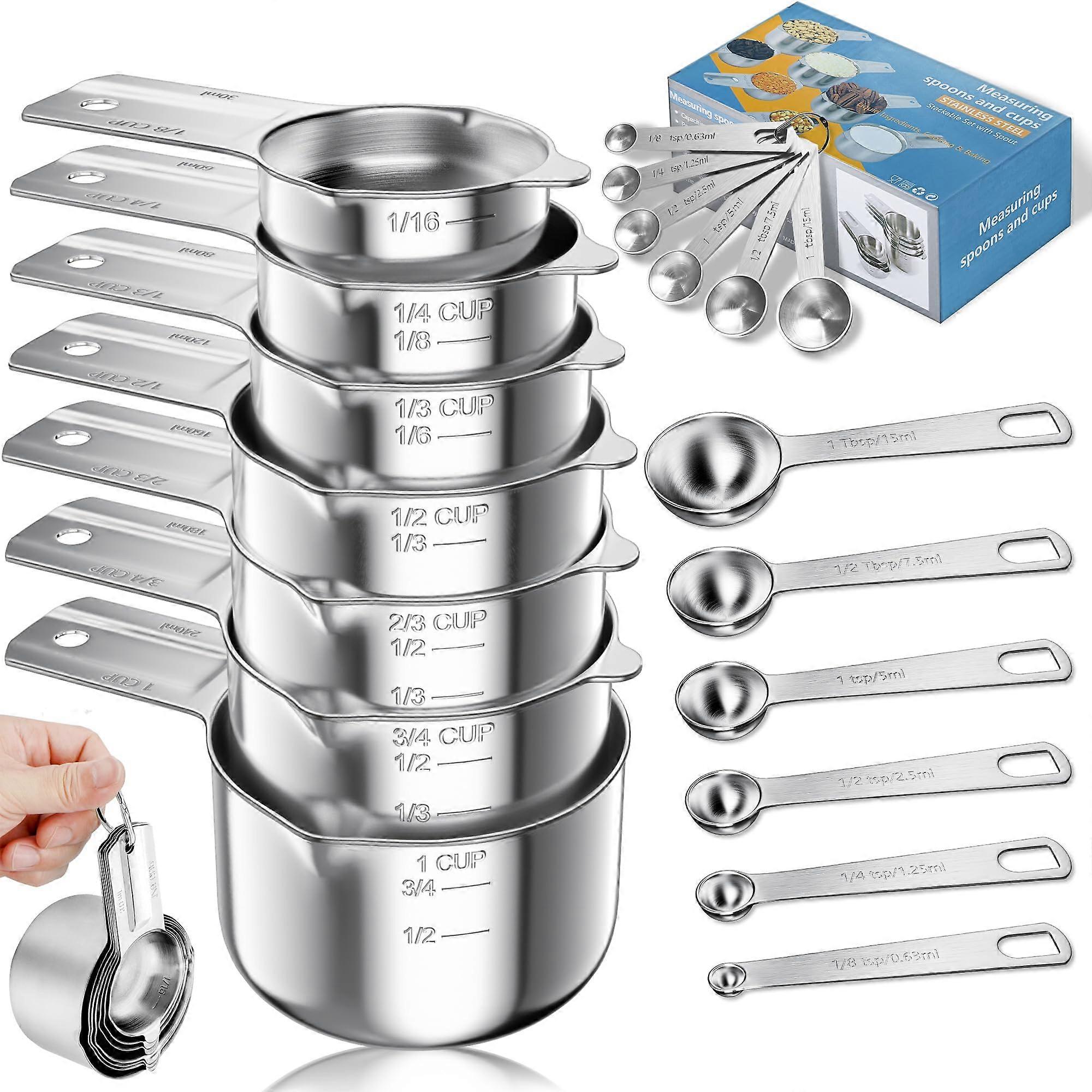 13Piece Stainless Steel Measuring Cups and Spoons Set with US and Metric Markings for Baking and Cooking