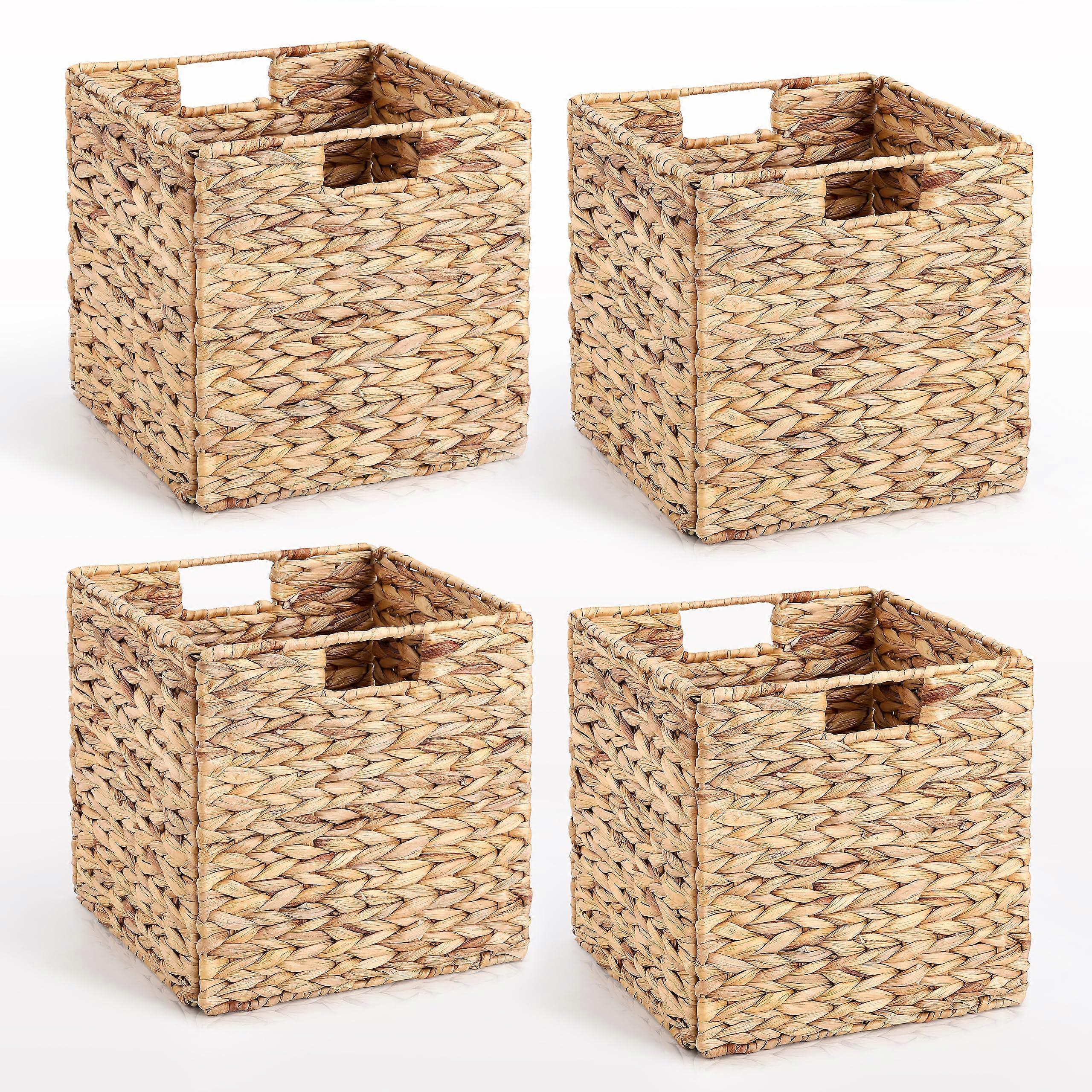 Set of 4 Foldable Wicker Storage Baskets 10.5in Natural Water Hyacinth for 11in Cube Shelves