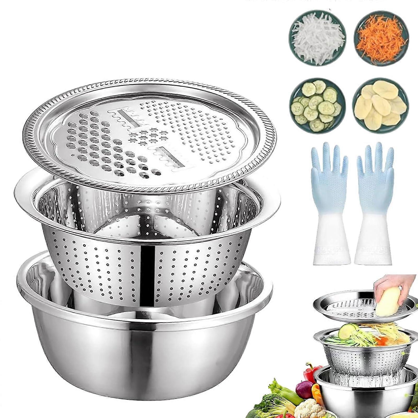 5 in 1 Stainless Steel Kitchen Basin Set with Slicer Strainer Grater for Salad and Veg Prep 30cm