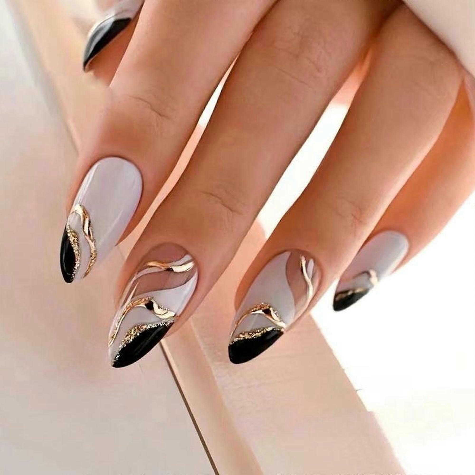 Medium Almond Press On Nails French Tip Black and White Solid Gel Geometric False Nails 24pcs