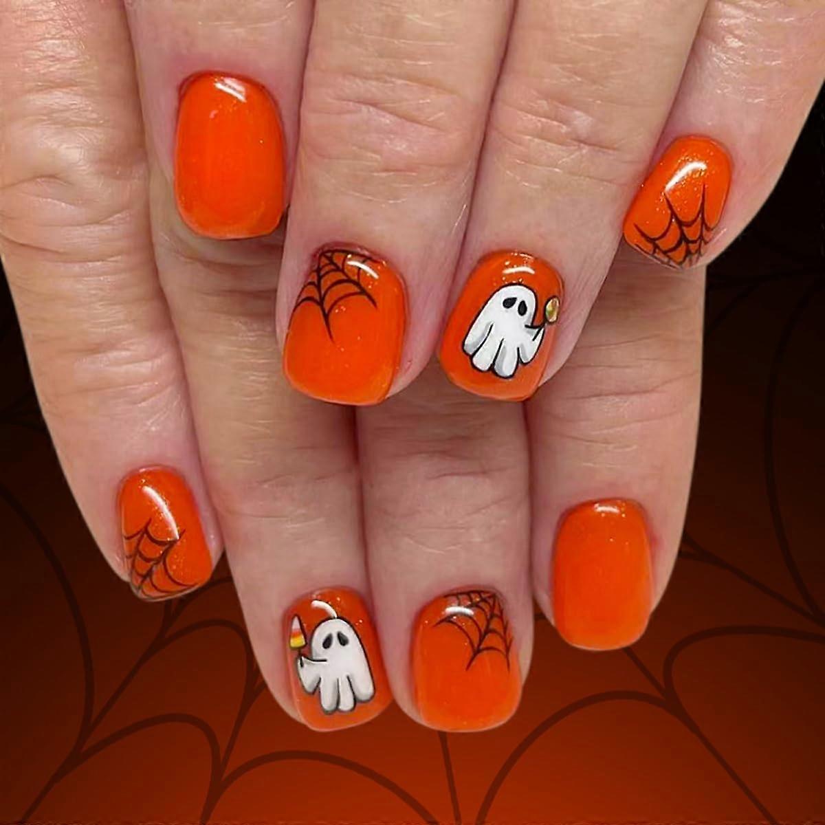 Halloween Press On Nails Orange Glitter Ghost Spider Web Short Square Reusable Full Cover 24pcs