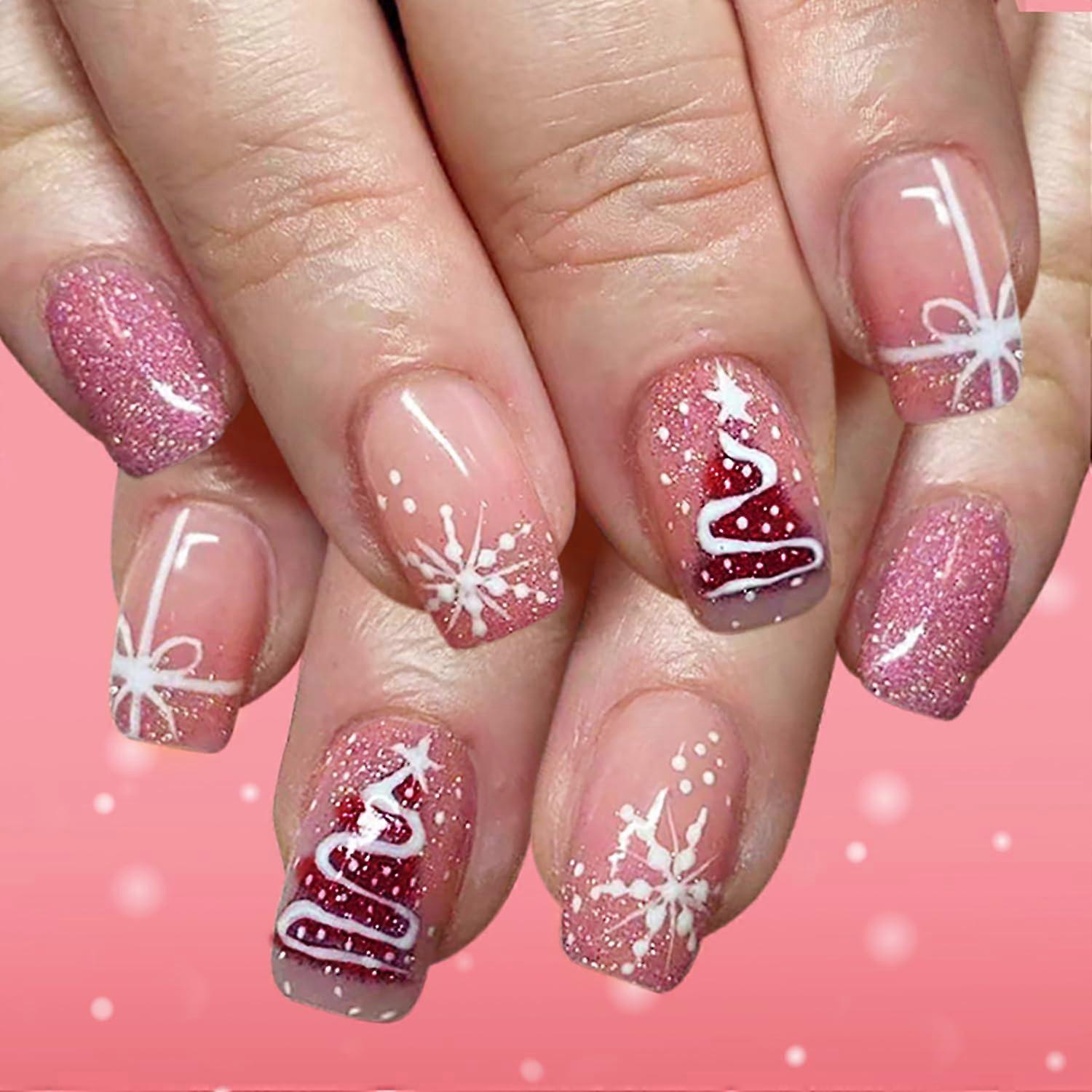Pink Glitter Medium Square Christmas Press On Nails with Snowflake Design Reusable Acrylic Set