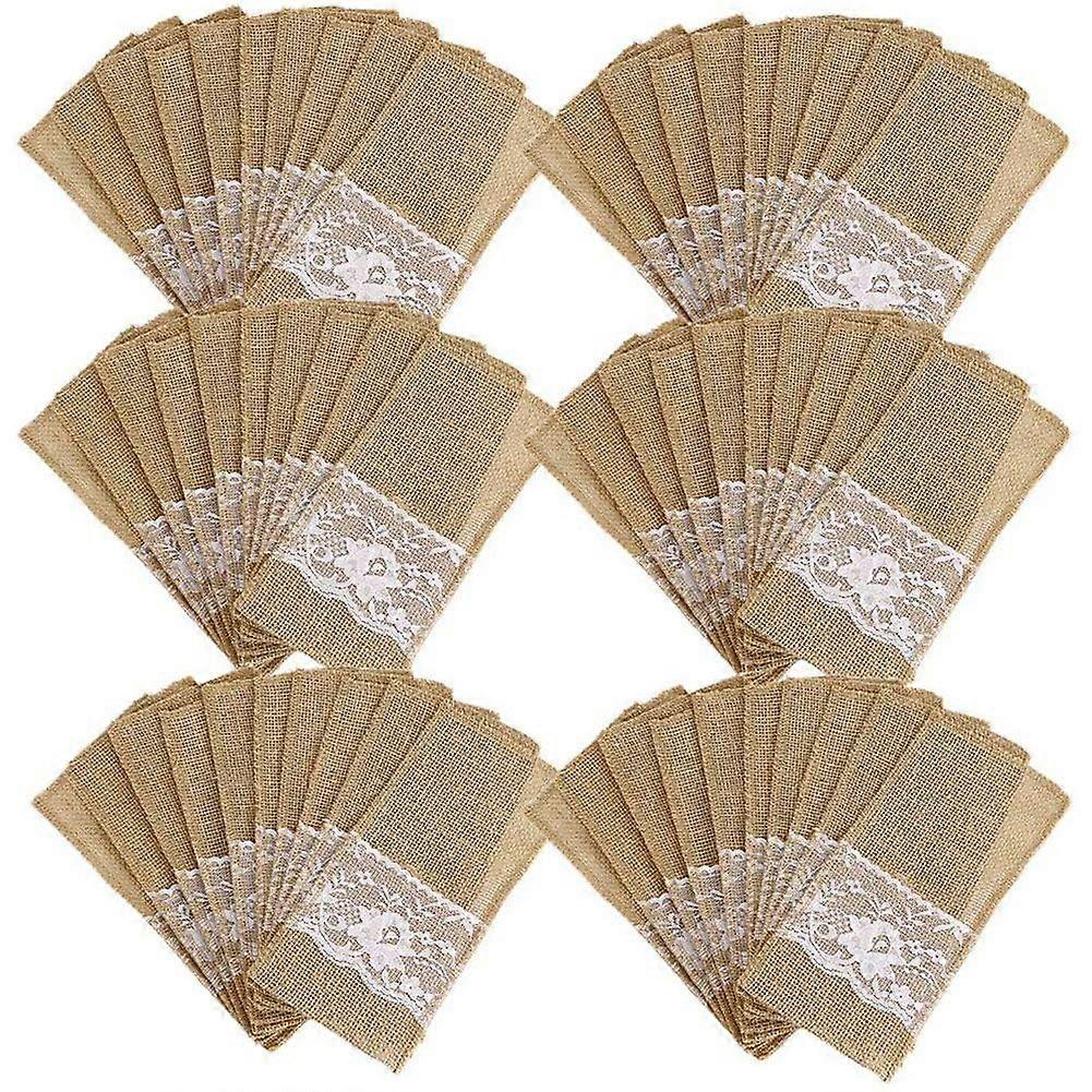 75Pcs Burlap Cutlery Holder with Lace for Rustic Wedding Silverware Pouch Party Table Decor