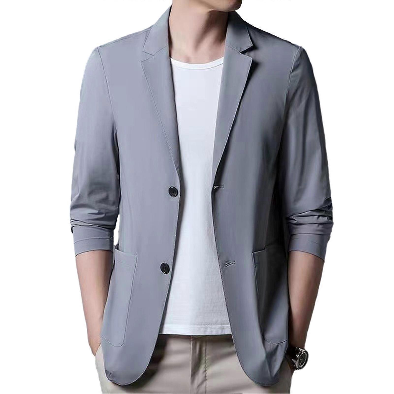 Men Suit Coat Lapel Long Sleeve Buttons Placket Suit Jacket with Pockets Solid Color Sun Protection