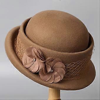 Women's Wool Felt Bucket Hat with Mesh Gauze, Short Brim Winter Top Hat, Rhinestone Floral Embellishment, Rolled Brim for Party Photography