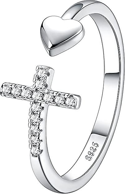 925 Sterling Silver Open Ring Ladies Cross Love Ring Adjustable