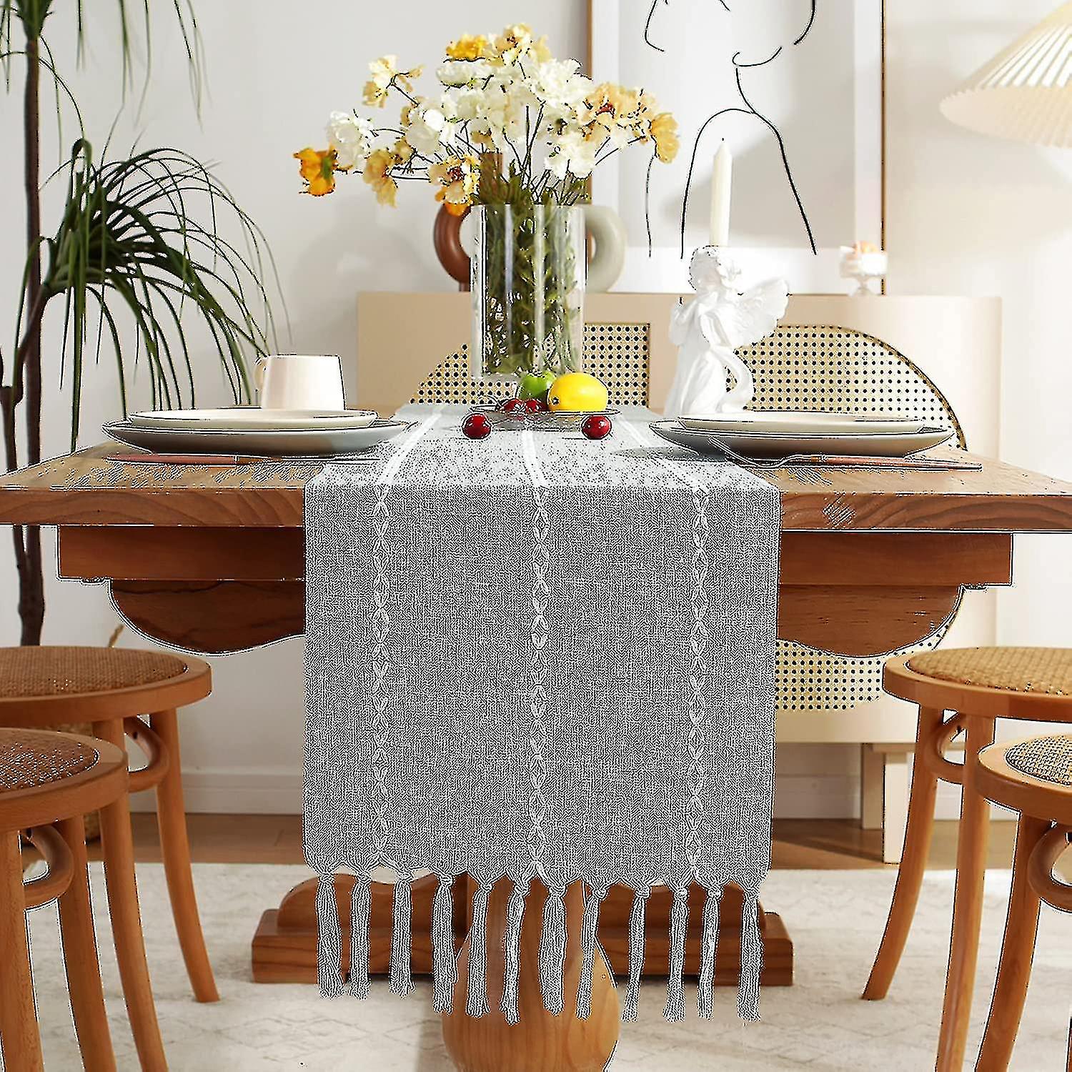 Wekity Rustic Linen Table Runner With Handmade Tassel, Hemstitched Embroidery Farmhouse Style Table Runners,13 X 72 Inch - Light Grey