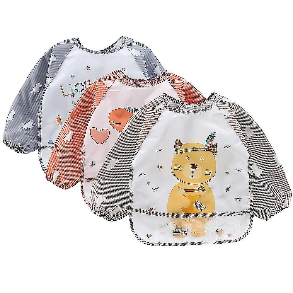 3-pack Sleeve Waterproof Bib Coverage Apron Bib Smock Toddler Bibs With Pocket