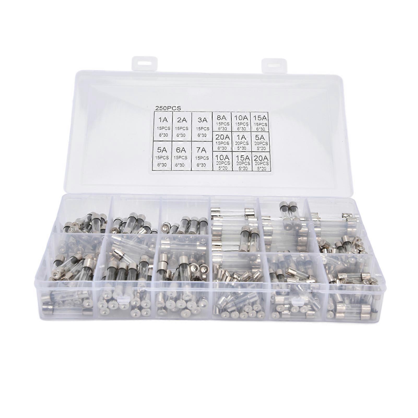 250Pcs Glass Fuse Boxed Car Fast Blow Tube Assortment Kit 15 Kinds of Specifications 1‑20A