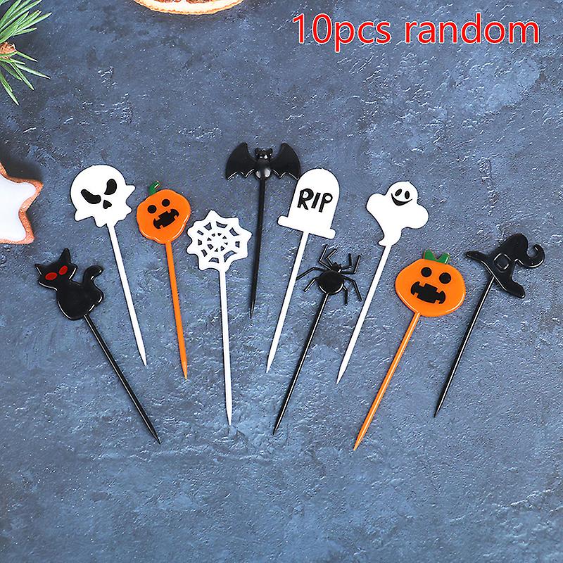 10pcs/set Random Halloween Cupcake Decorating Toothpicks Plastic Party Picks Cartoon Pumpkin Bat Spider Designs Cake Toppers