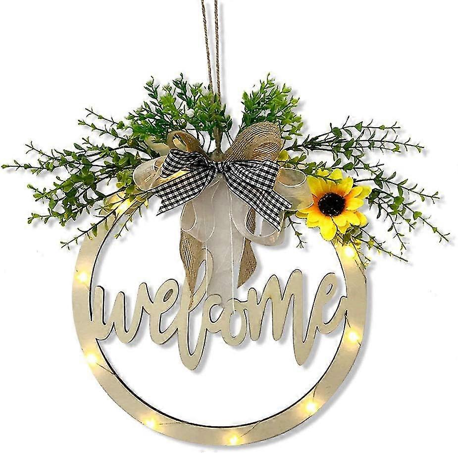 علامة ترحيب ، إكليل باب ترحيب خشبي مع أضواء خرافية LED ، علامة ترحيب 30 سم (ترحيب)