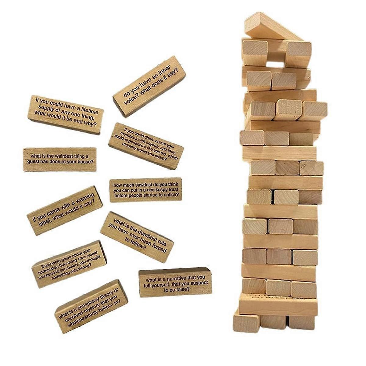 54 Pieces Questions Tumbling Tower Game, Giant Wood Stacking Game with Scoreboard, Ice Breaker Ques