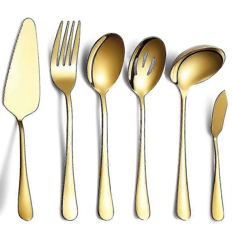 6 Piece Serving Cutlery Silverware Set, Serving Utensil Set, Gold