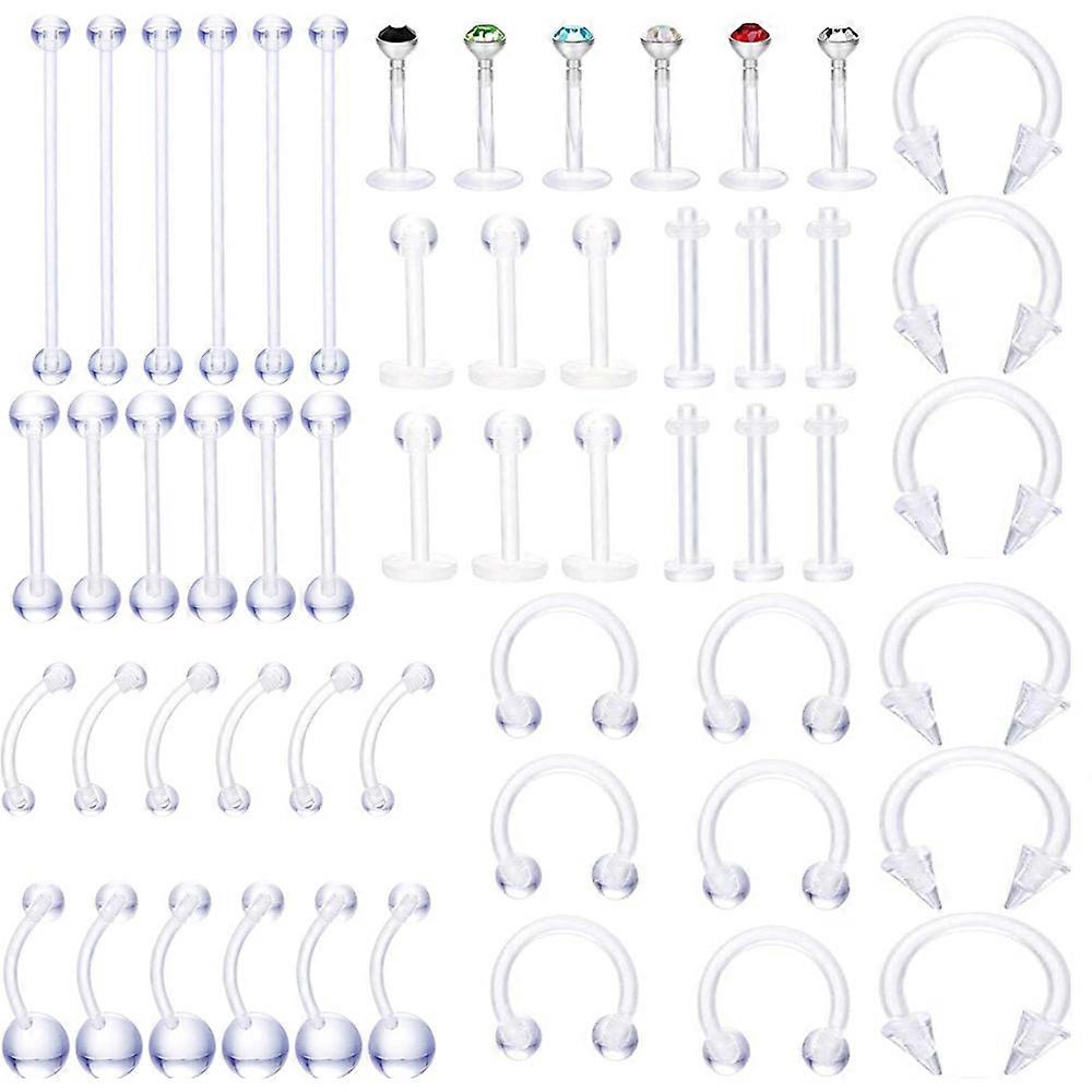 54pcs Clear Piercing Body Jewelry Acrylic Flexible Retainers for Lip Ear Nose Septum Eyebrow Tongue Horseshoe Industrial Barbell Plastic Kit