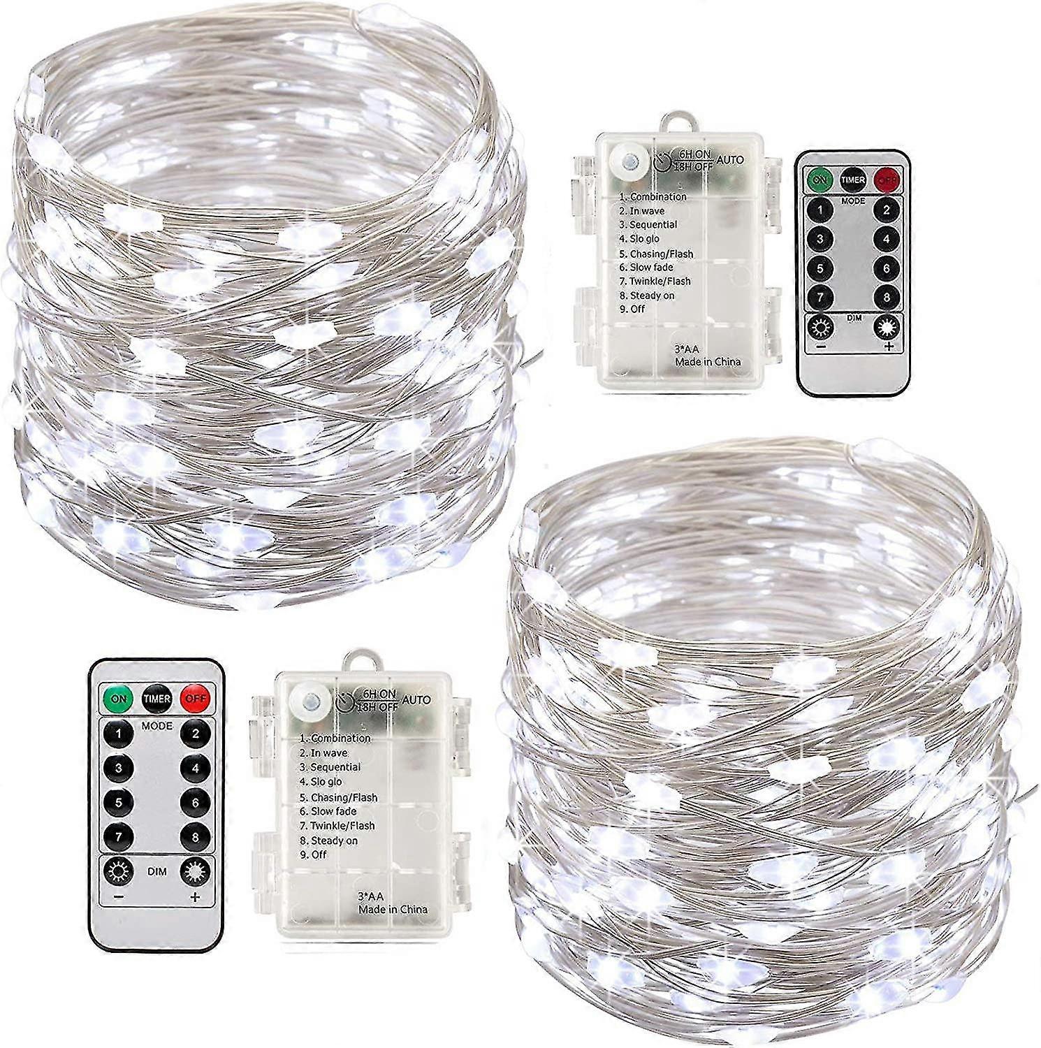 2x10m Battery Operated Led String Lights 100 Leds Timer Function Remote Control Ip65 Waterproof(white)