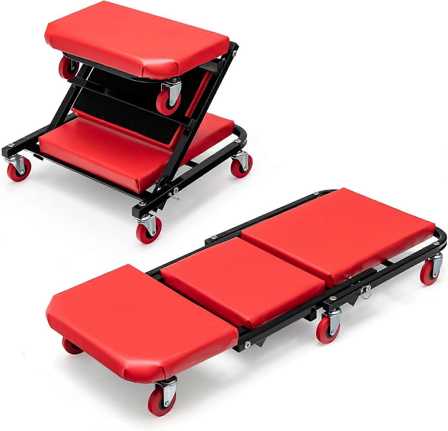 2-in-1 Folding Car Creeper and Seat, 37Inch/40Inch Padded Mechanics Creeper Stool with 6 Rotatable Wheels, Maximum Load 150 KG (Red, 37 Inch)