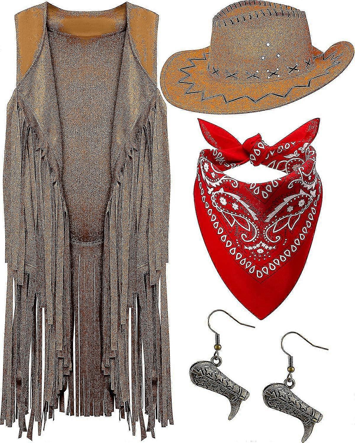 סט תלבושות בוקרות 4 חלקים, פרנזים שוליים אפוד ללא שרוולים מגפי כובע קאובוי עגילי טיפה משתלשלים פייזלי קאובוי בנדנה