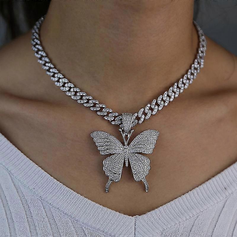 dd-Sparking Fully Crystal Pave Butterfly Pendant Cuban Chain Cubic Charm Tennis Chain