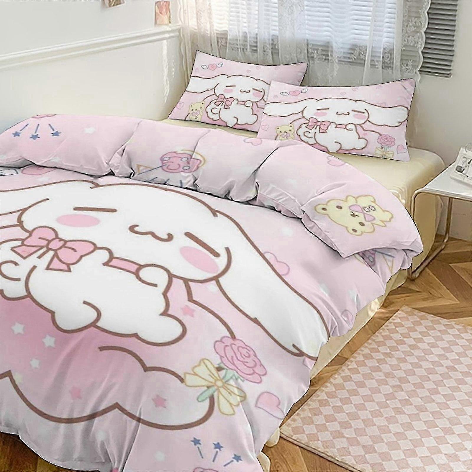 n146 Lençóis Cinnamoroll Bedding Se para Crianças Homens Mulheres Twin Size3s Capa de Edredom e Fronhas- (1 Capa de Edredom e 2 Fronhas) Lençóis 