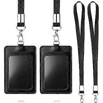 Badge Holders, Vertical Pu Leather Id Badge Card Holders With Clear Id Window And Detachable Neck Lanyardblack2 Pack